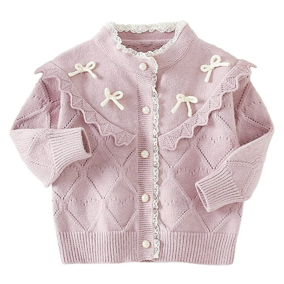 Lorytime Kids Girls Button Down Cardigan Lace Ruffle Collar Bow Knitted Sweater Long Sleeve Tops Soild Knitwear 5 Years