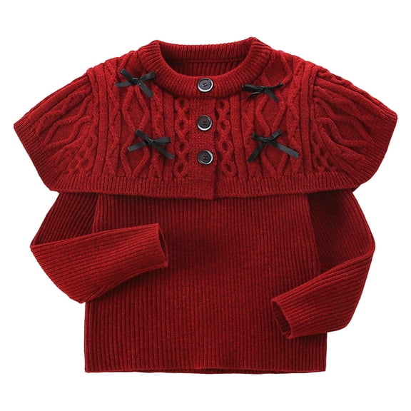 Lorytime Kids Girls Sweaters with Bows Cape Collar Cute Pullover Button Crewneck Long Sleeve Tops Soild Knitwear 3 Years