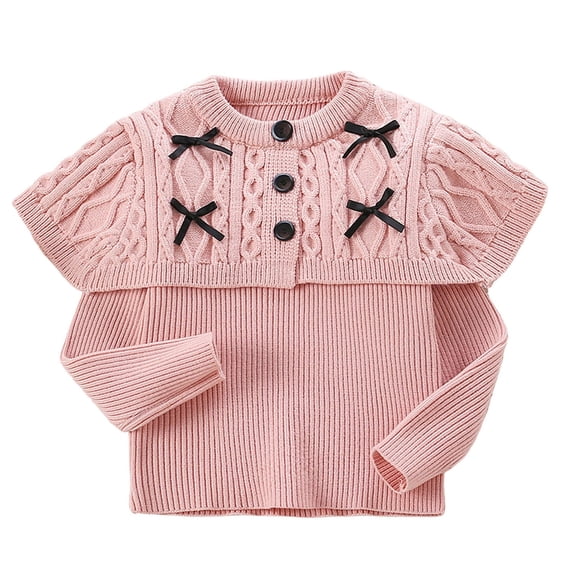 Lorytime Kids Girls Sweaters with Bows Cape Collar Cute Pullover Button Crewneck Long Sleeve Tops Soild Knitwear 8 Years