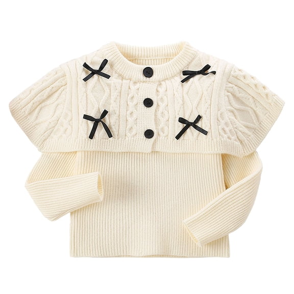 Lorytime Kids Girls Sweaters with Bows Cape Collar Cute Pullover Button Crewneck Long Sleeve Tops Soild Knitwear 8 Years