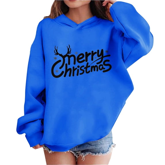 Lorytime Kids Hoodies for Boys Girls Merry Christmas Sweatshirt Long Sleeve Pullover Drop Shoulder Festive Tops Blue