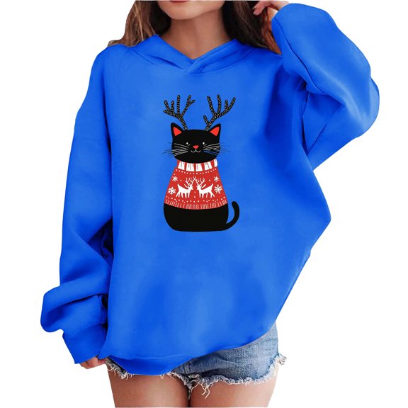 Lorytime Kids Hoodies for Girls Boys Christmas Printed Sweatshirt Long Sleeve Pullover Drop Shoulder Soft Tops Blue