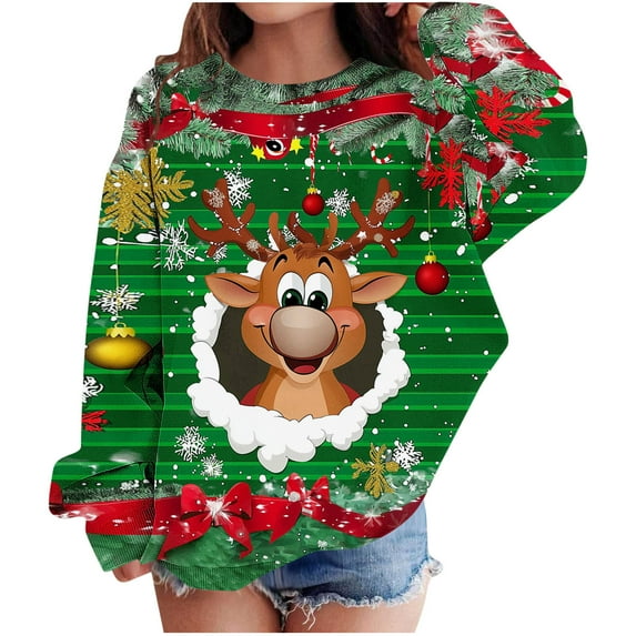Lorytime Kids Sweatshirt Girls Boys Christmas Reindeer Plaid Fleece Shirt Crew Neck Long Sleeve Pullover Soft Tops Beige