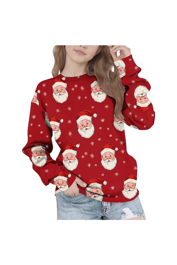 Kids Sweatshirt Girls Unisex Christmas Santa Claus Shirt Crew Neck Long Sleeve Pullover Cute Tops Red 11 Years