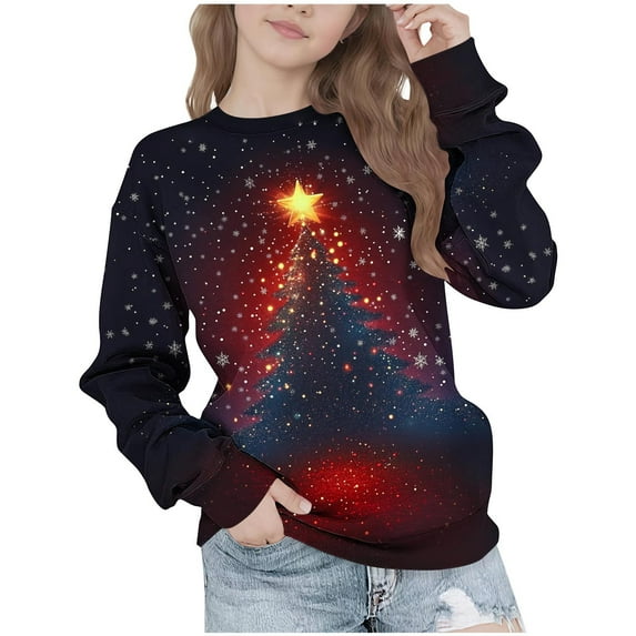 Lorytime Kids Sweatshirt for Girl Boys Christmas Tree Shirt Crew Neck Long Sleeve Pullover Drop Shoulder Cute Tops Blue