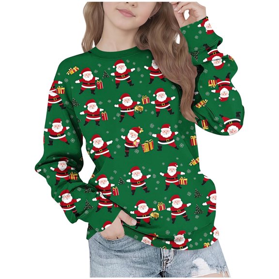 Lorytime Kids Sweatshirt for Girls Unisex Christmas Santa Claus Shirt Crew Neck Long Sleeve Tops Soft Pullover Green