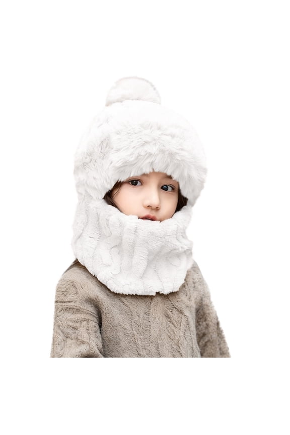 Kids Winter Hat with Attached Scarf Cute Thermal Scarf Fleece Lined Hat Double Layer Hat Pull Over 3-6 Years