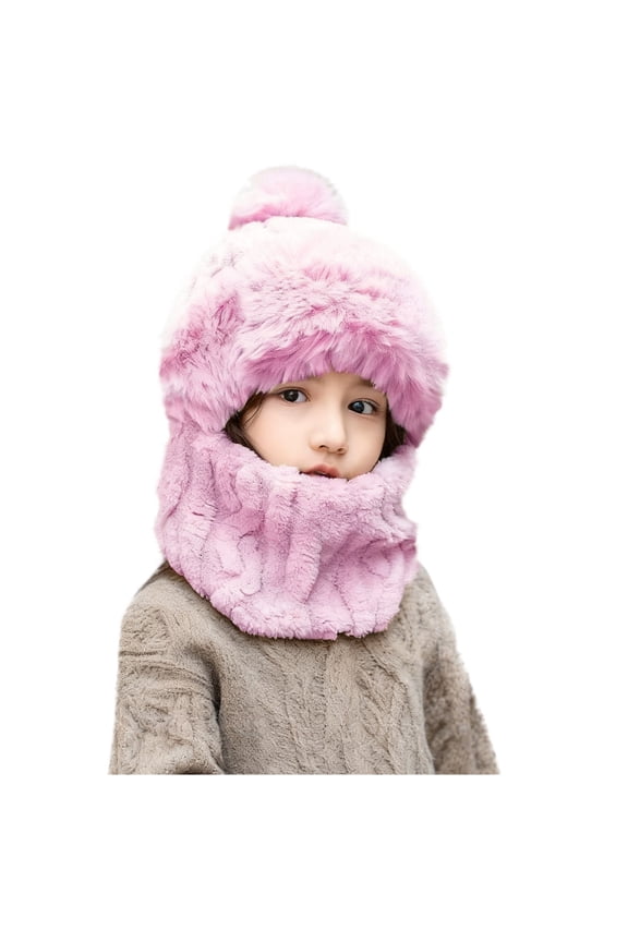 Kids Winter Hat with Attached Scarf Cute Thermal Scarf Fleece Lined Hat Double Layer Hat Pull Over 3-6 Years