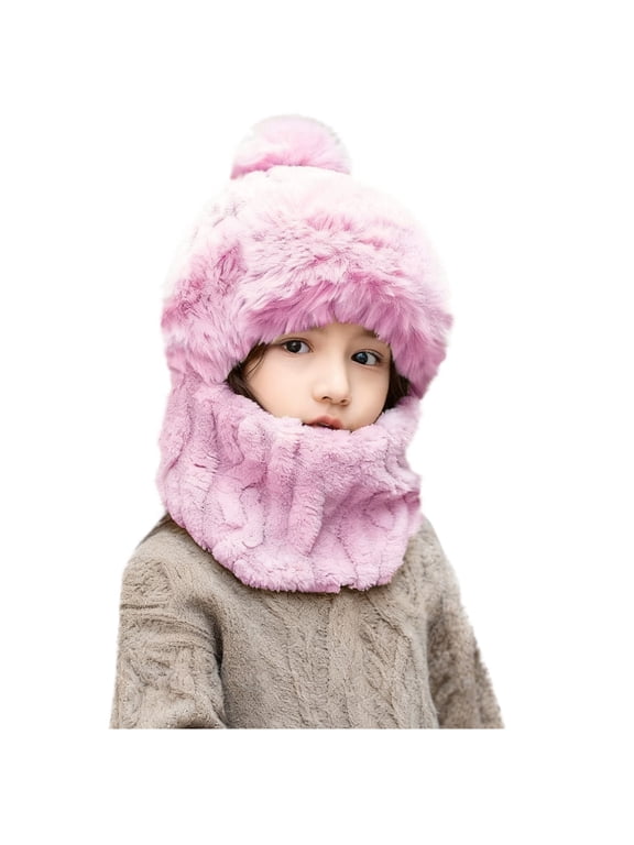 Kids Winter Hat with Attached Scarf Cute Thermal Scarf Fleece Lined Hat Double Layer Hat Pull Over 3-6 Years