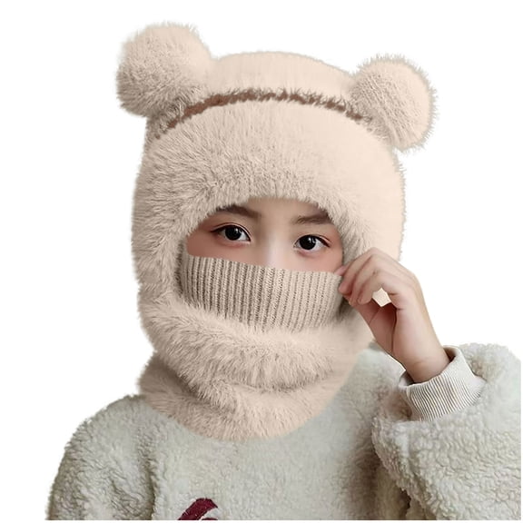 Lorytime Kids Winter Hat with Neck Warmer Attached Warm Scarf Bear Ears Cap Windproof Double Layer Hat 3-6 Years