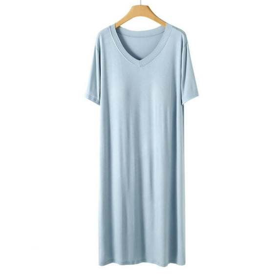 Lorytime Ladies Nightgowns Short Sleeve Midi Pajamas Dress Oversized V Neck Padded Solid Nightshirts Sleepdress Nightdress Casual Comfy Soft Lounge House Nightgowns Blue 2XL