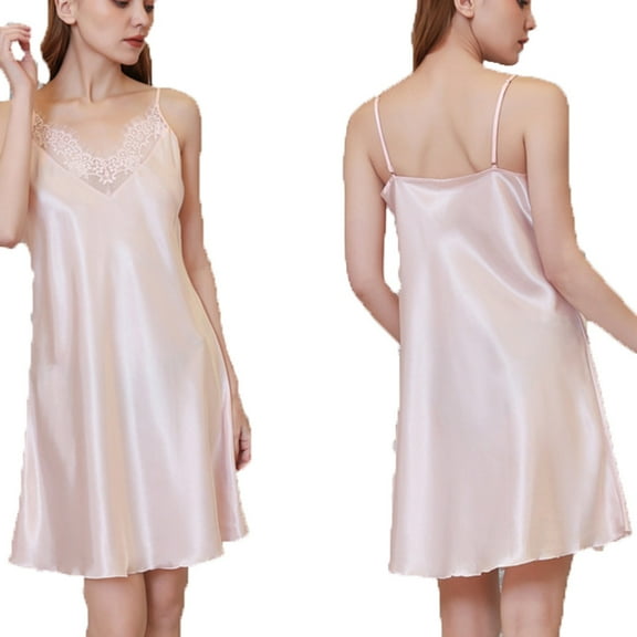 Lorytime Ladies Nightgowns V Neck Midi Sleeveless Satin Lace Nightgowns Oversized Solid Sleepshirts Nightdress Spaghetti Strap Thin Pajamas Dress Soft Lounge Sleepdress Pink M