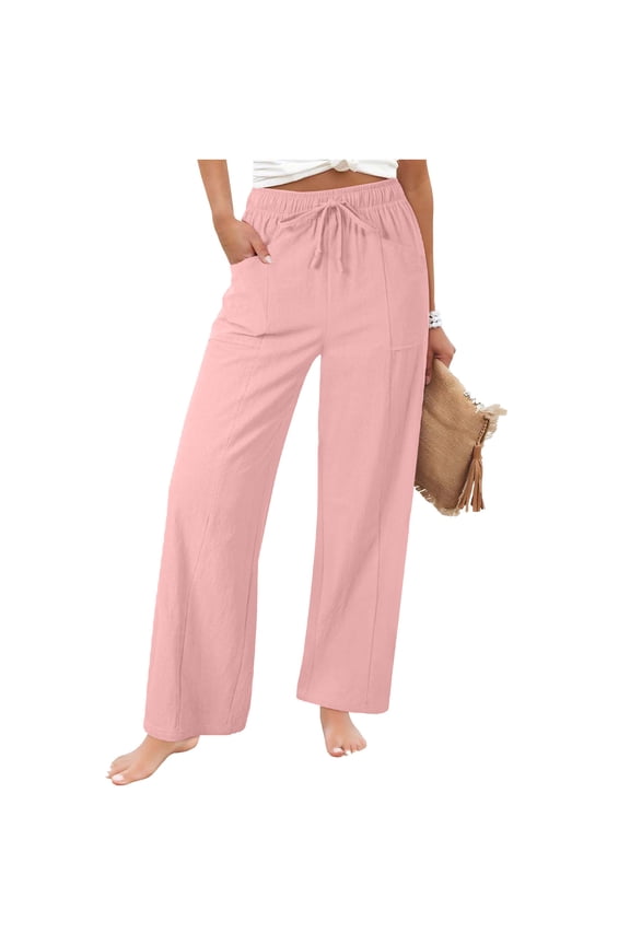 Linen Pants for Women Beach Elastic Waist Straight Leg Trousers Drawstring Casual Summer Pants with Pockets L