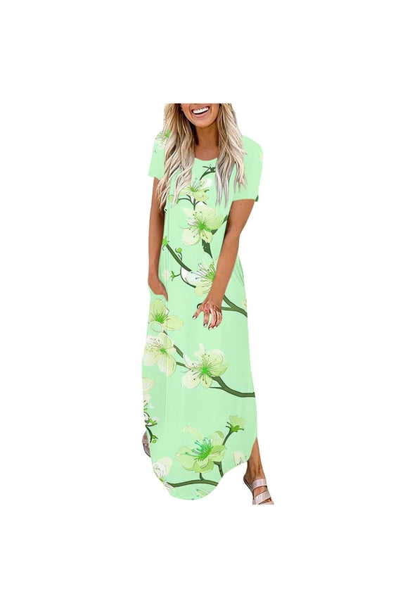 Long Flowy Dresses for Women Green Summer with Pocket Short Sleeve Maxi Dress Curvy Hem Hawaiian Ankle Length Dresses Floral Print Crewneck Dress Casual Vacation S