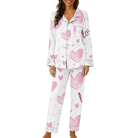 Lorytime Long Sleeve Pajama Set for Women Valentines Heart Collared Button Down Shirts and Trousers Loungewear Pink L