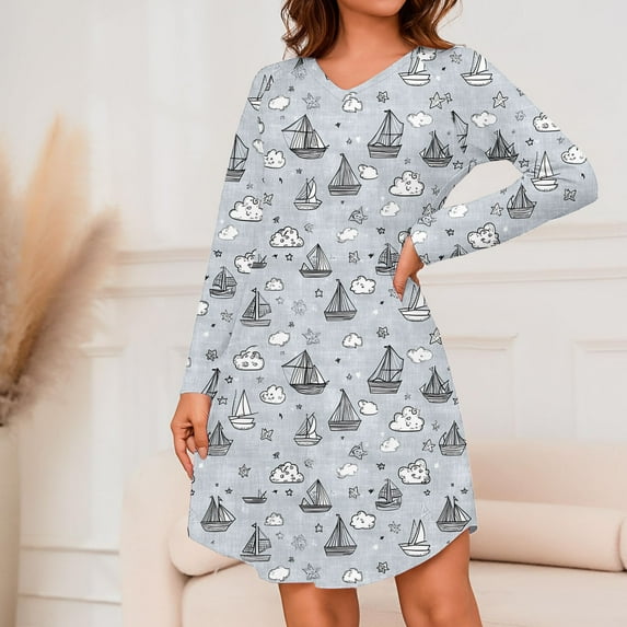 Lorytime Long Sleeve Womens Nightgowns Knee Length Nightgowns V Neck Cute Graphic Print Sleepshirts Sleepdress Pajamas Dress Casual Comfy Soft Lounge House Nightdress Gray S