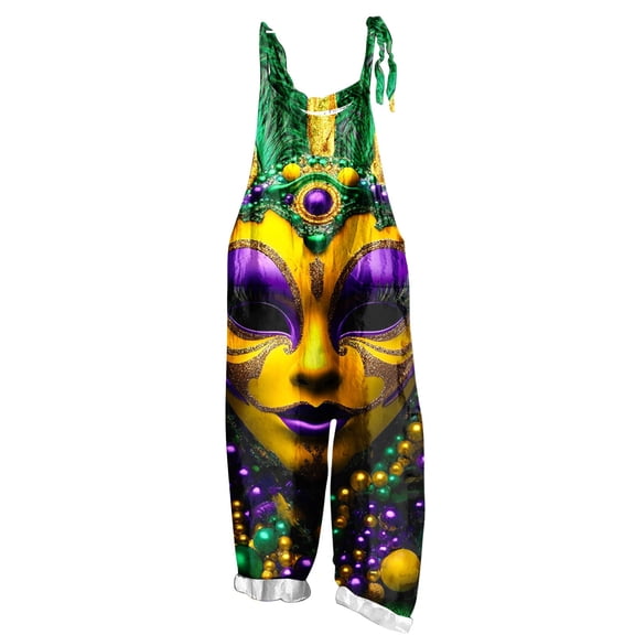Lorytime Mardi Gras Jumpsuits for Women Glitter Carnival Overalls Sleeveless Adjustable Straps Vacation Romper Clothes