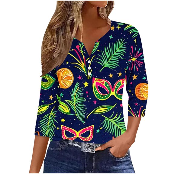 Lorytime Mardi Gras Outfit for Women Carnival Pattern 3/4 Sleeve Tops Buttons V Neck Tuesday Tee Wear Clothes