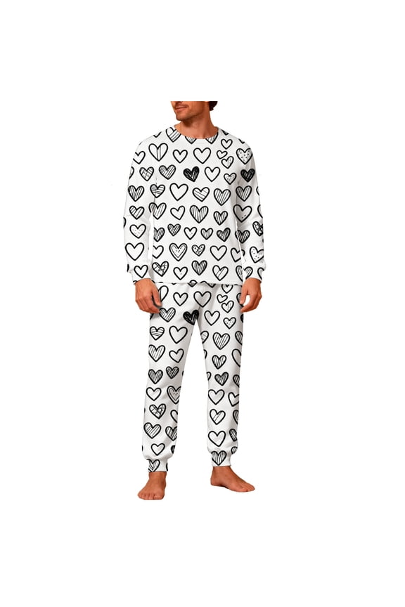 Matching Pajamas for Couples Valentine Heart Long Sleeve Crewneck Top with Pockets and Bottom Men Sleepwear