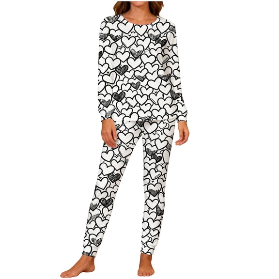 Lorytime Matching Pajamas for Couples Valentines Heart Crewneck Long Sleeve Top and Bottom with Pockets Womens Sleepwear