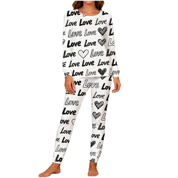 Lorytime Matching Pajamas for Couples Valentines Heart Crewneck Long Sleeve Tops and Pants with Pockets Homewear