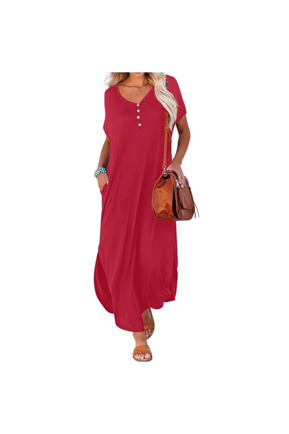 Maxi Dresses for Women Summer Solid Color Calf Length Maxi Dress Short Sleeve Flowy Long Dress Sundress V Neck Beach Dress Button with Pocket Holiday Dress Red XL