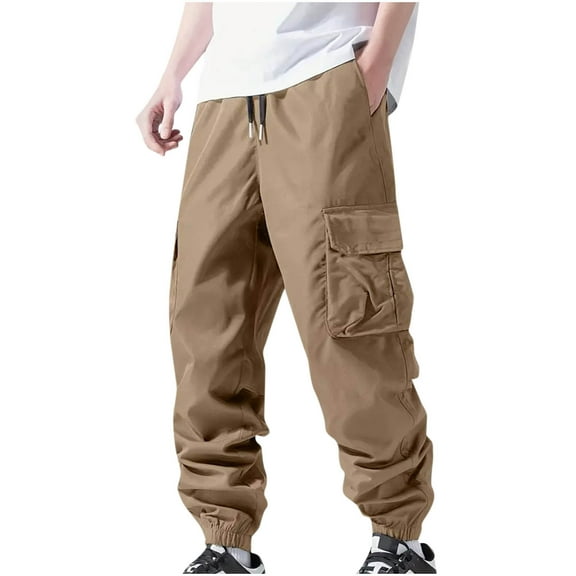Lorytime Men Cargo Pants with Multi Pockets Drawstring Elastic Waist Joggers Full Length Hiking Trousers Outwear