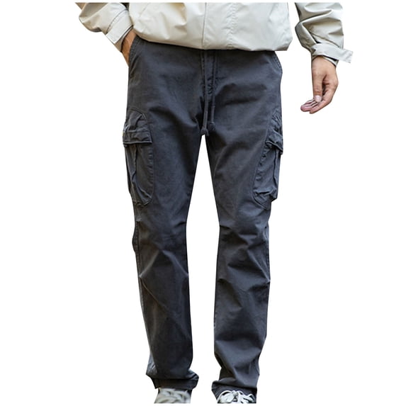 Lorytime Men Cargo Pants with Pockets Cotton Drawstring Elastic Waist Straight Leg Trousers Zipper Sports Pants Outwear