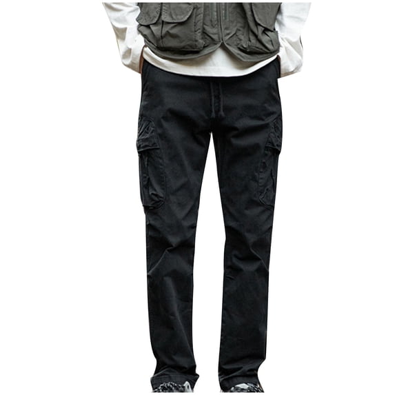 Lorytime Men Cargo Pants with Pockets Cotton Drawstring Elastic Waist Straight Leg Trousers Zipper Sports Pants Outwear