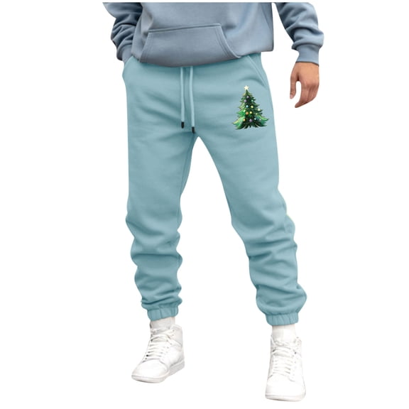 Lorytime Men Joggers Pants Fleece Christmas Tree Elastic Waist Sweatpants Full Length Trousers with Pockets Outfits