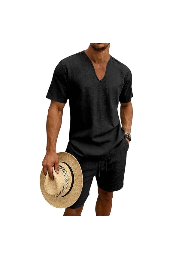 Men's 2 Pieces Linen Set Notch Collar Tracksuit Short Sleeve T-Shirts and Short Sports Outfits