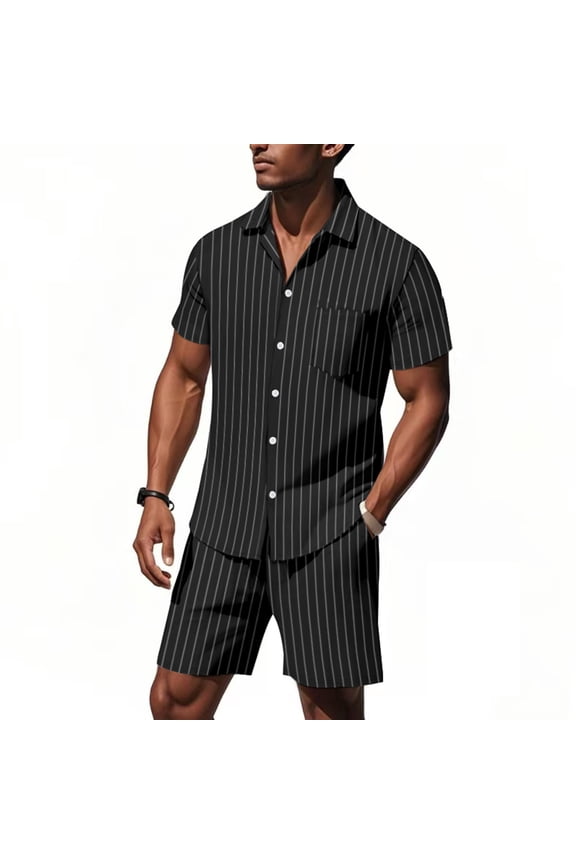 Men's 2 Pieces Short Sets Striped Tracksuit Button Down Shirts Drawstring Dressy Outfits with Pockets