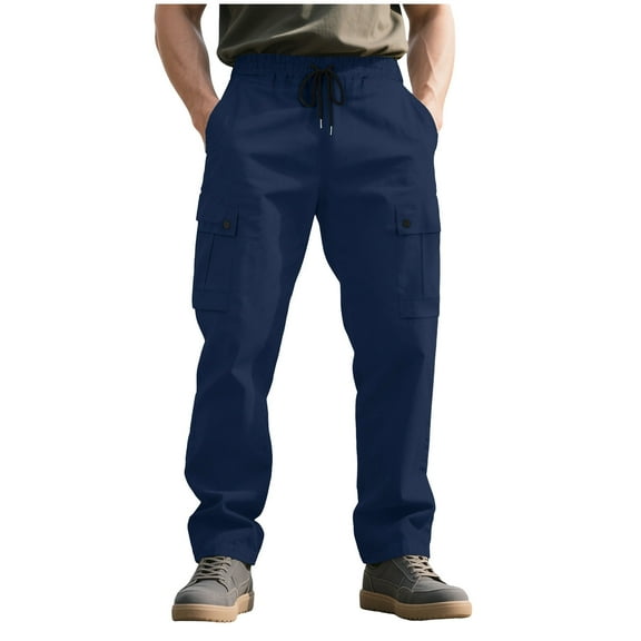 Lorytime Men's Cargo Pants with Zippers Drawstring Elastic Waist Straight Leg Trousers Outdoors Pants Multi Pockets Outwear