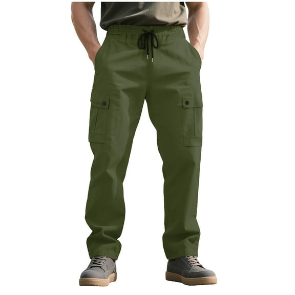 Lorytime Men's Cargo Pants with Zippers Drawstring Elastic Waist Straight Leg Trousers Outdoors Pants Multi Pockets Outwear