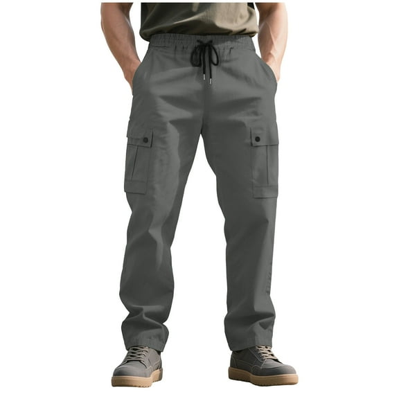 Lorytime Men's Cargo Pants with Zippers Drawstring Elastic Waist Straight Leg Trousers Outdoors Pants Multi Pockets Outwear