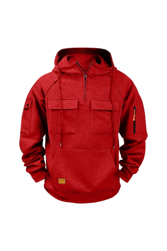 Men's Hoodies Half Zip Solid Sweatshirt Long Sleeve Drawstring Raglan Pullover with Pocket Tops Red M