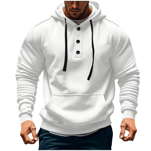 Lorytime Men's Hoodies Oversized Solid Sweatshirt Buttom Long Sleeve Drawstring Pullover with Pocket Tops White L