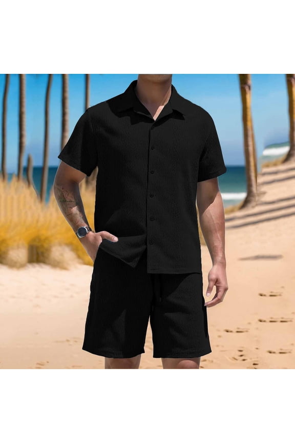 Mens 2 Pieces Outfits Tracksuit Collared Short Sleeve Button Down Shirts and Short Running Clothing
