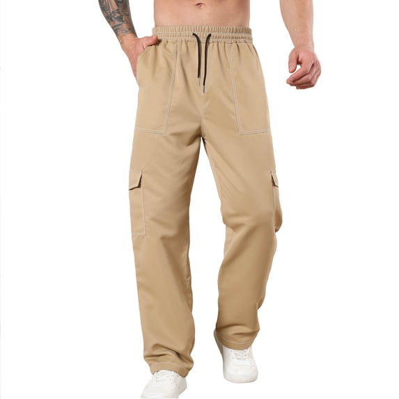 Lorytime Mens Cargo Pants with Zippers Drawstring Elastic Waist Straight Leg Trousers Athletic Pants Multi Pockets Outfits
