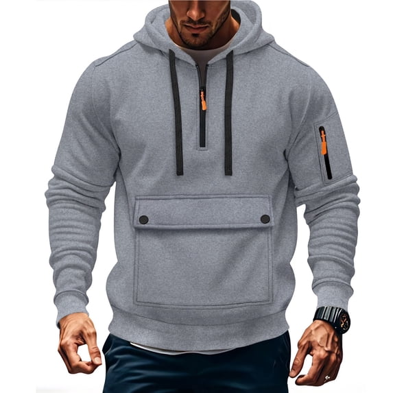 Lorytime Mens Hoodies Half Zip Solid Training Sweatshirt Long Sleeve Drawstring Pullover with Pocket Tops Gray S
