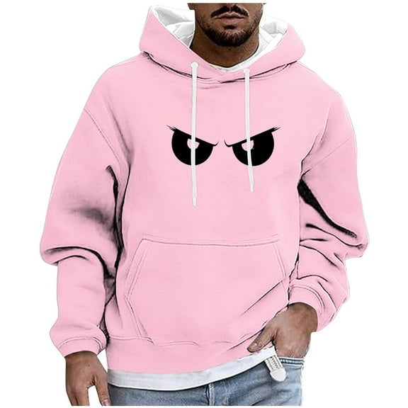 Lorytime Mens Hoodies Sweatshirt Printted Pullover Long Sleeve Drawstring Tops Fashionable Outerwear Pink M