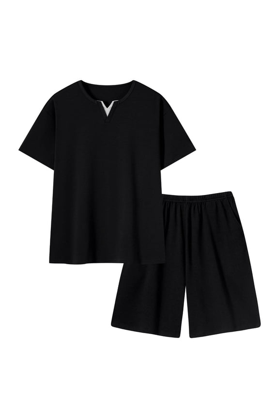 Mens Short Sets 2 Piece Outfits Notch Collar Tracksuit Crew Neck Short Sleeve Tops Casual Clothing