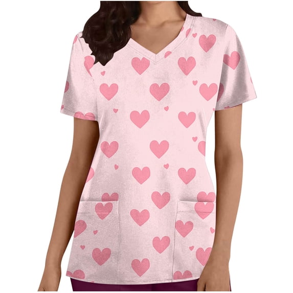Lorytime Mother's Day Womens Scrub Tops Printed Short Sleeve T Shirts Crew Neck Uniform with Pockets Heart Work Clothes