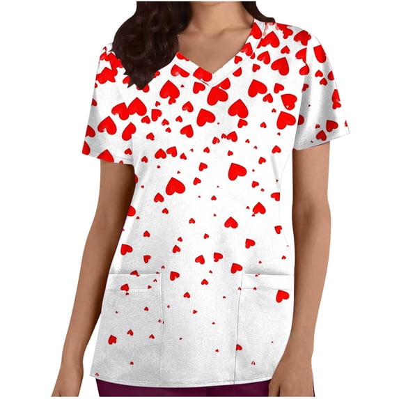 Lorytime Mother's Day Womens T Shirts Crew Neck Scrub Tops Short Sleeve Shirt with Pockets Heart Loose Basic Workwear