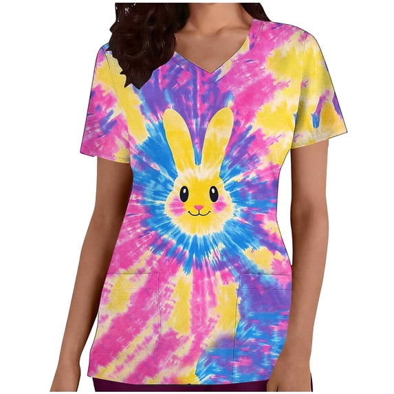 Lorytime Nurse Shirts for Women Easter Crew Neck Scrub Tops Short Sleeve Shirt with Pockets Bunny Loose Casual Workwear