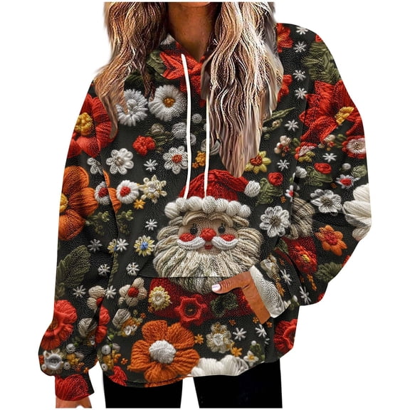 Lorytime Oversized Fleece Hoodies for Women Christmas Santa Claus Sweatshirt Long Sleeve Pullover with Pocket Loose Tops