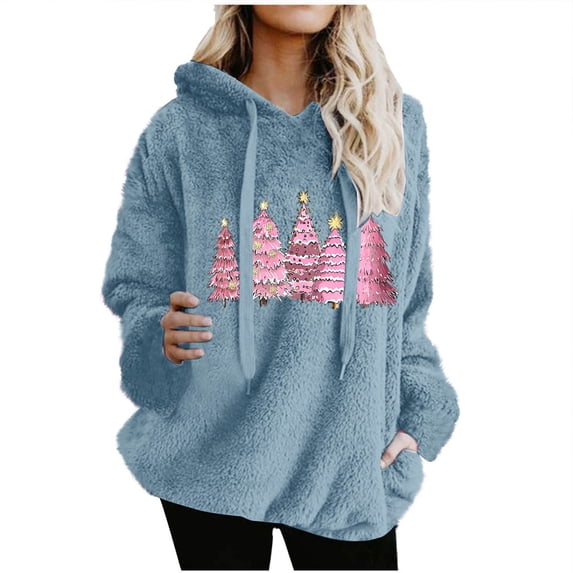 Lorytime Oversized Fleece Hoodies for Women Christmas Tree Print Sweatshirt Long Sleeve Pullover with Pocket Tops