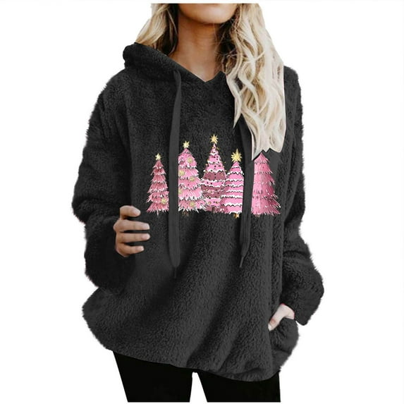 Lorytime Oversized Fleece Hoodies for Women Christmas Tree Print Sweatshirt Long Sleeve Pullover with Pocket Tops