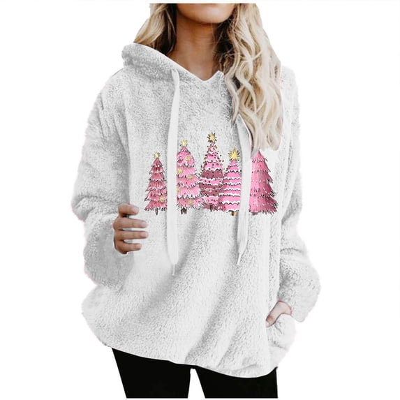 Lorytime Oversized Fleece Hoodies for Women Christmas Tree Print Sweatshirt Long Sleeve Pullover with Pocket Tops