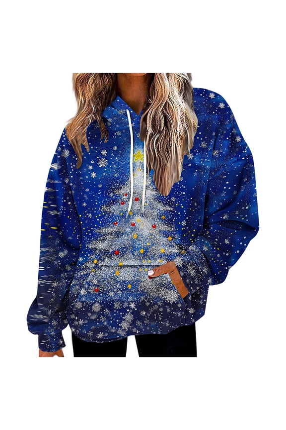 Oversized Fleece Hoodies for Women Christmas Tree Sweatshirt Long Sleeve Pullover with Pocket Loose Tops